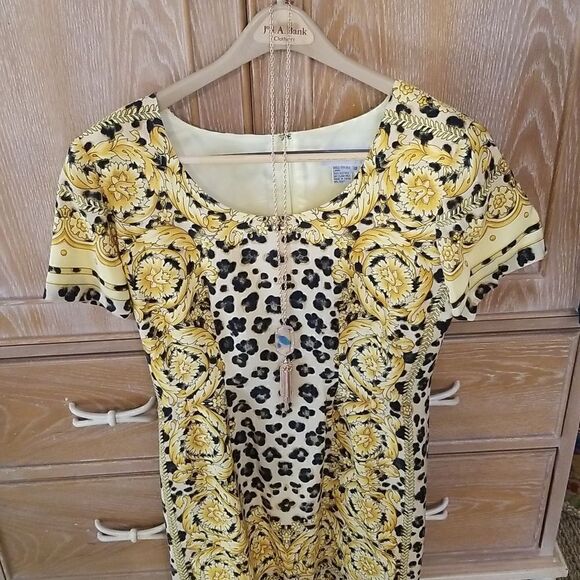 GORGEOUS YELLOW & GOLD & BLACK LEOPARD PRINT DRESS!! NEVER WORN 100% SILK LINING - Picture 12 of 17